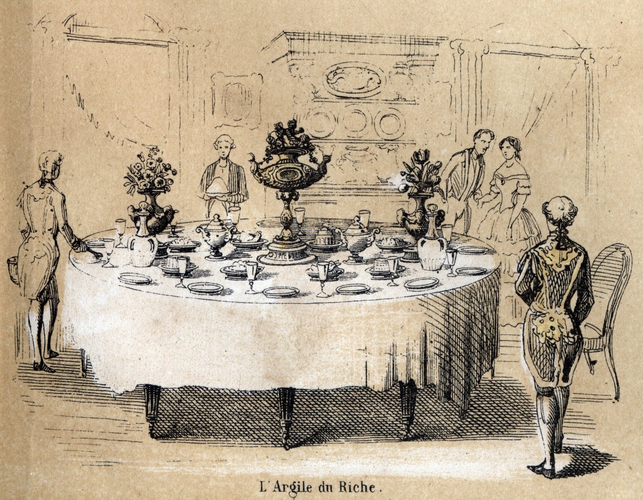 Beskrivelse av de ulike produksjonsstadiene og bruken av leire: bruk av leire i rikt interiør, et bord med porselensservise. Plate "" Leiren og dens produkter"" i "" Les Recreations instructives"" Synoptisk maleri av Jules DELBRUCK, gravering av French School
