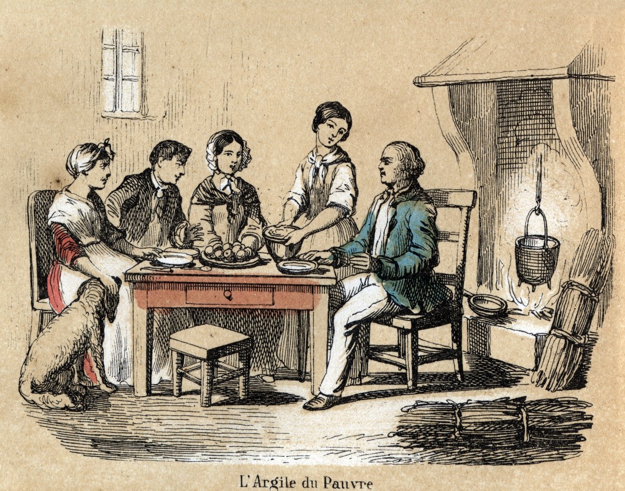 Beskrivelse av de ulike stadiene av produksjon og bruk av leire: bruken av leire hos de fattige praktikantene, en familie gjenforent ved bordet og spiste i leirplater av middelmådig kvalitet. Plate "" Leiren og dens produkter"" i " av French School