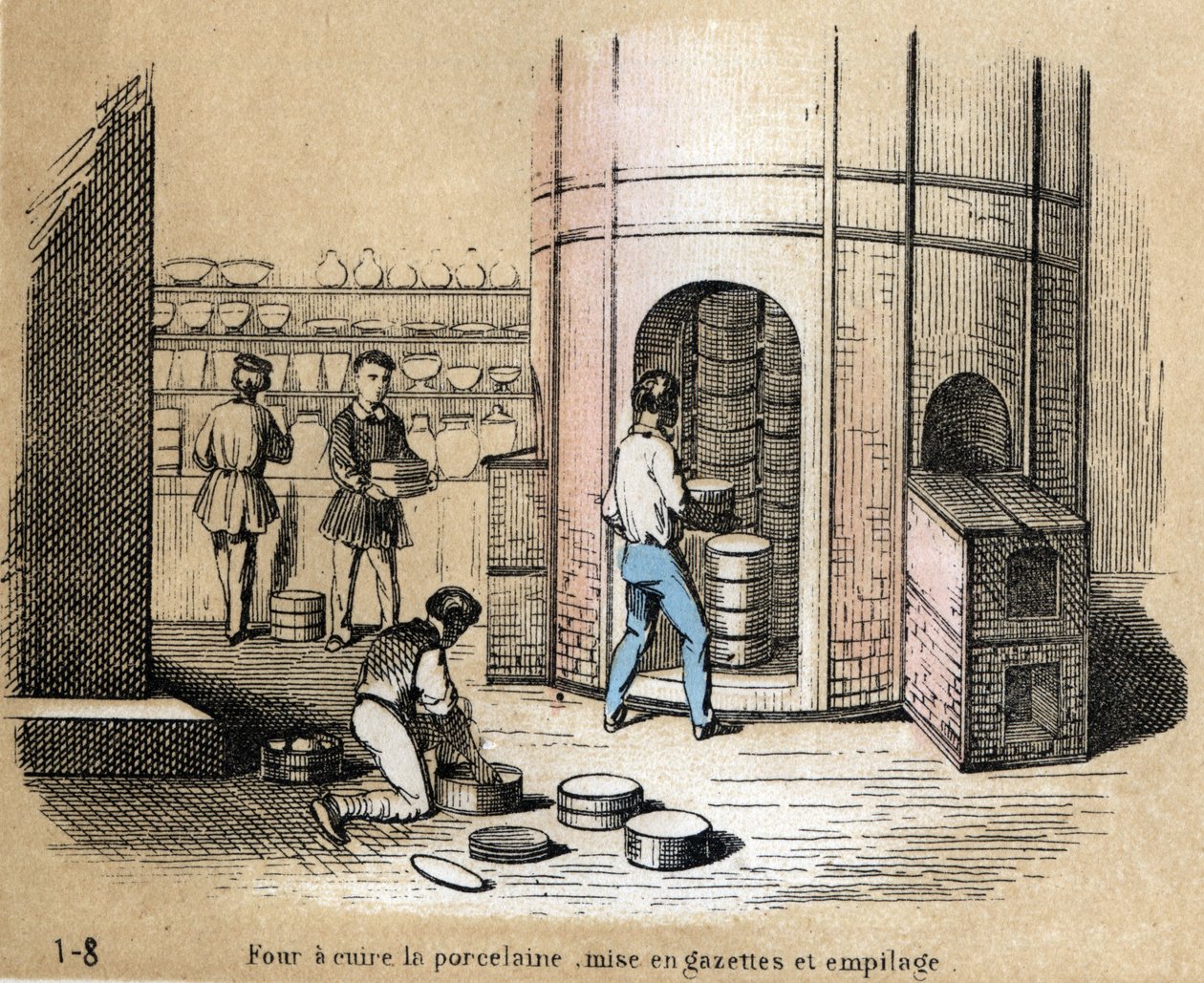 Beskrivelse av de ulike produksjonsstadiene og bruken av leire: utsikt over en porselensovn, blad og stabling. Plate "" Leiren og dens produkter"" i "" Les Recreations instructives"" Synoptisk maleri av Jules DELBRUCK, gravering fra 1860. Privat av French School