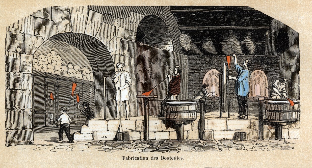 Beskrivelse av de ulike produksjonsstadiene og bruken av glass: produksjon av flasker i et glassblåseverksted. Plate "" Glass and its products"" i "" Les Recreations instructives"" Synoptisk maleri av Jules DELBRUCK, gravering fra 1860. Priv av French School