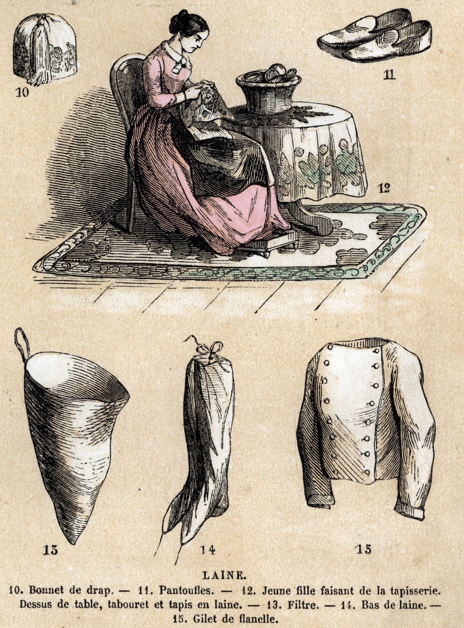 Beskrivelse av ulike bruksområder og produkter av sau: billedvev og ullprodukter, lue, tøfler, ullstrømper, flanellvest. Plate "" Les Moutons"" i "" les Recreations instructives"" Synoptisk maleri av Jules DELBRUCK, gravering fra 1860. Privat av French School