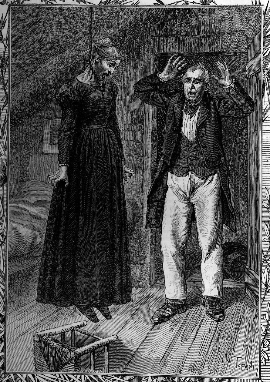 Deshonoree by poverty, a woman suicide in her room, to the great disgrace of her neighbor. Engraving in the illustrious journal “” La jeunesse”” av French School