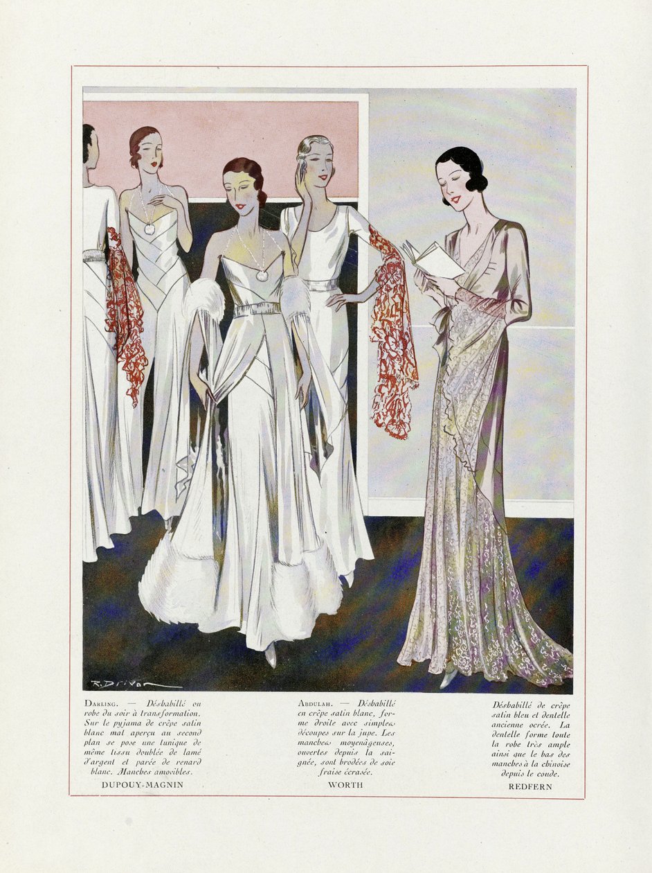 Design for aftenkjoler av Depouy-Magnin, Worth og Redfern, fra Art, Gout, Beaute, utgivelsesdato 1931 (fargelitografi) av French School