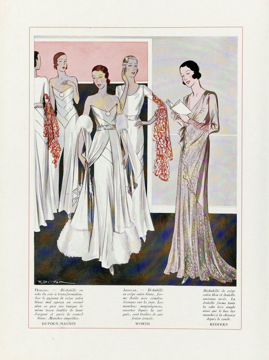 Design for aftenkjoler av Depouy-Magnin, Worth og Redfern, pub. 1931 fargelitografi. av French School