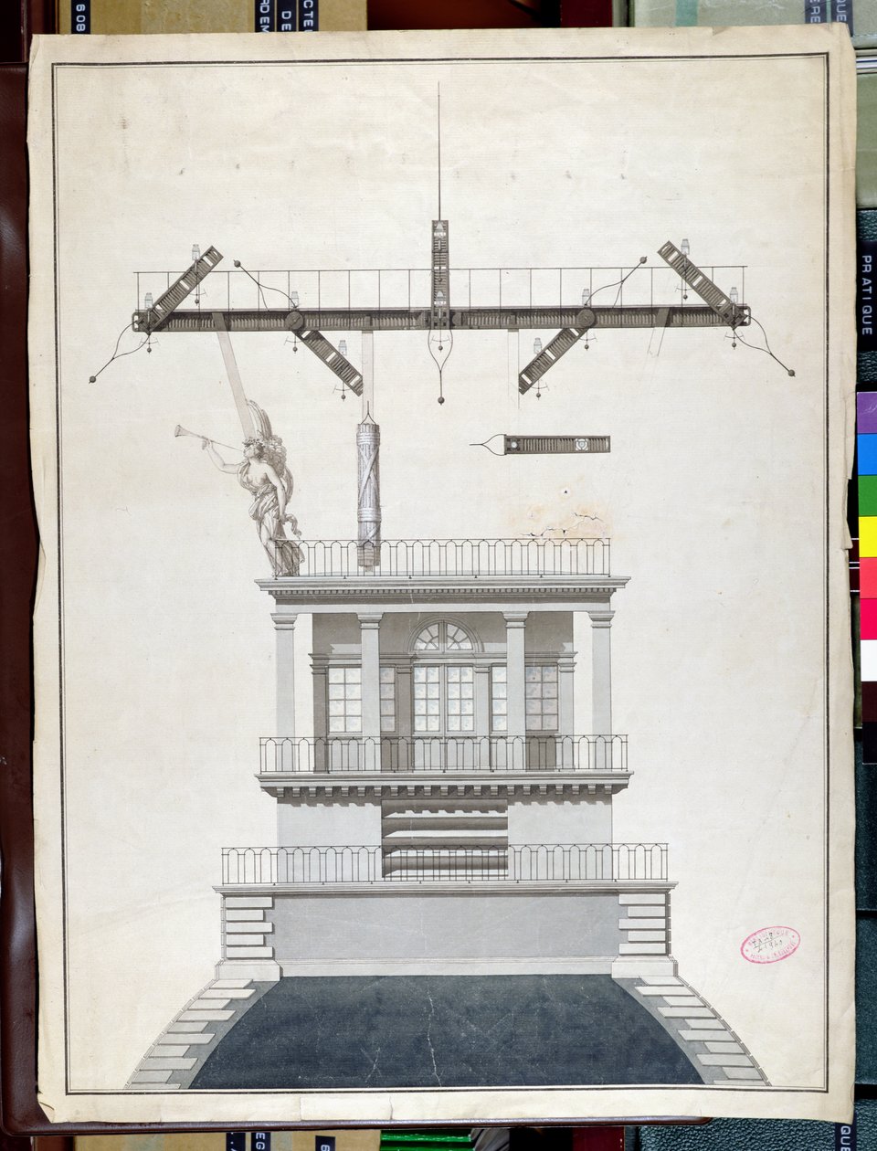 Design for en Chappe-telegrafstasjon for en av kuplene til Louvre, Paris, tidlig på 1800-tallet (penn og blekk og wc på papir) av French School