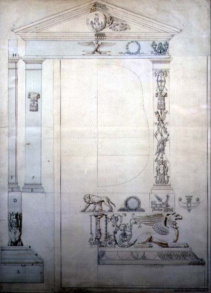 Design for et Cheval-speil, ca. 1815 (penn og blekk og akvarell på papir) av French School