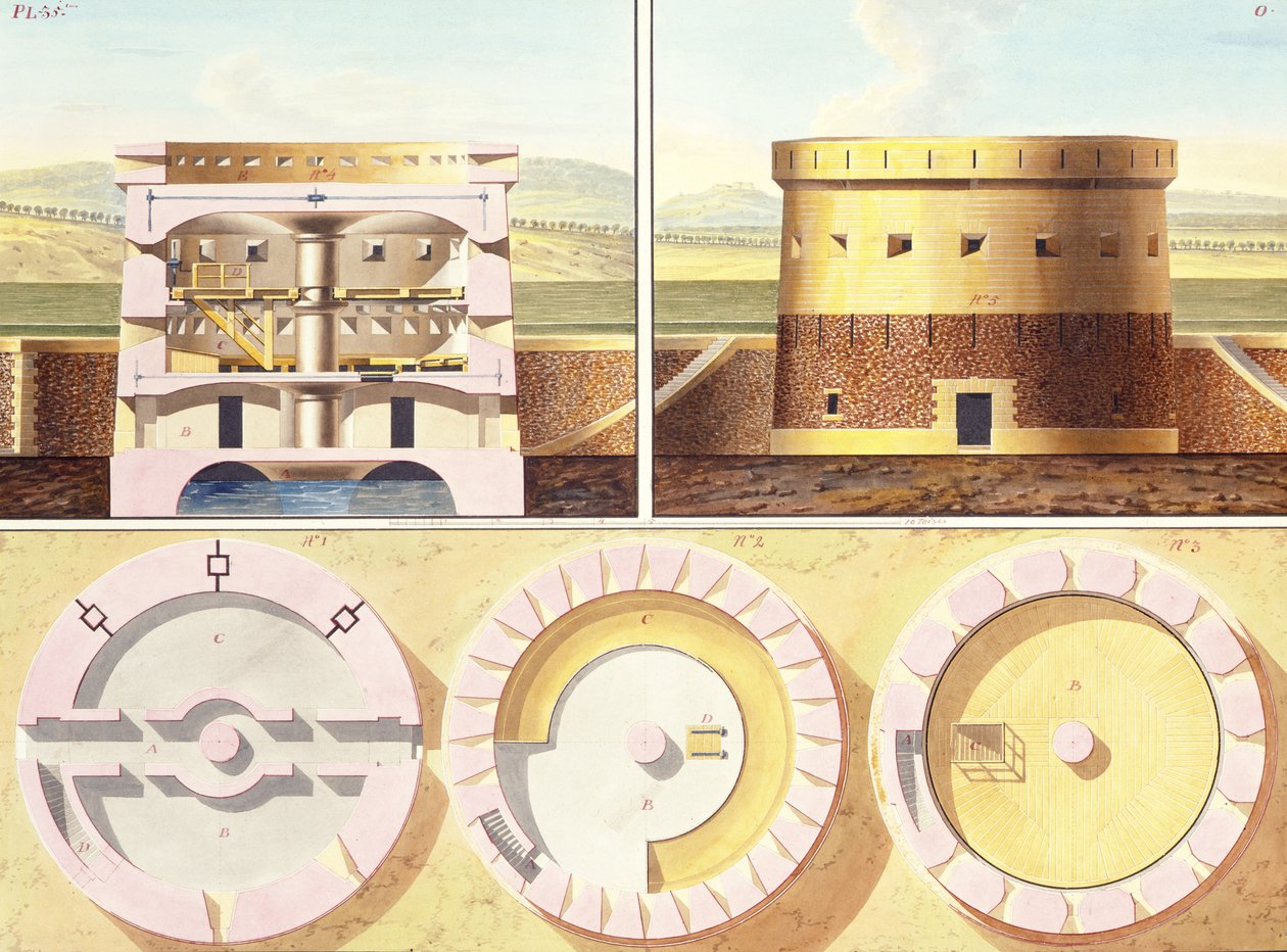 Design for a Fortification on the Outskirts of Paris - a Perspective View, Section and Three Floor Plans of the Central Tower, ca. 1813 (wc, penn og farget blekk over blyant på papir) (se også 273040) av French School