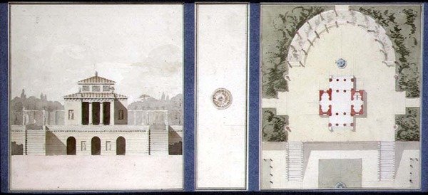 Design for et monument, ca. 1825 (penn og blekk og akvarell på papir) av French School