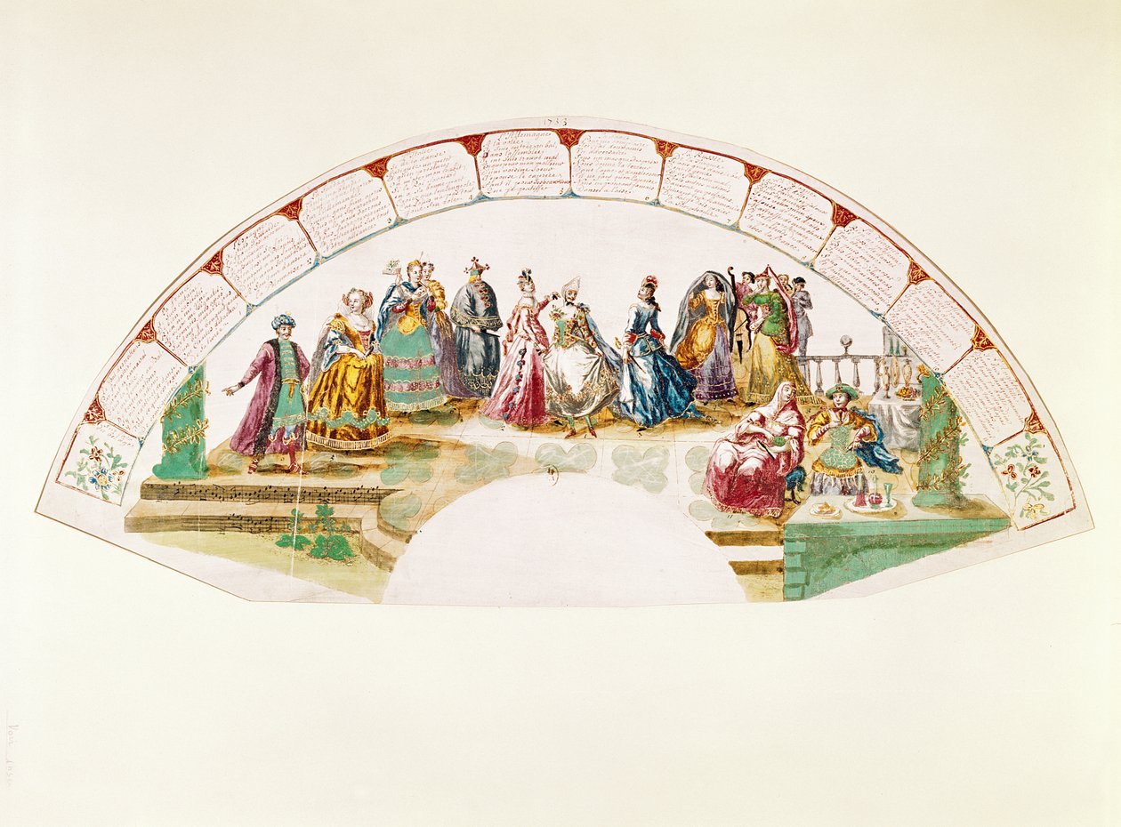 Design for en fan som feirer Dance and Carnival of Nations, 1733 av French School