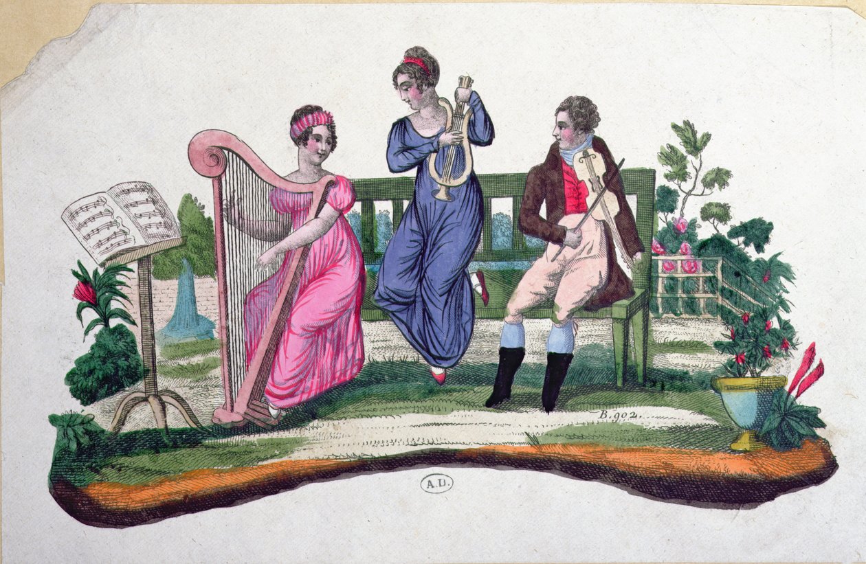 Design for en fan som viser en utendørskonsert, ca. 1830 av French School