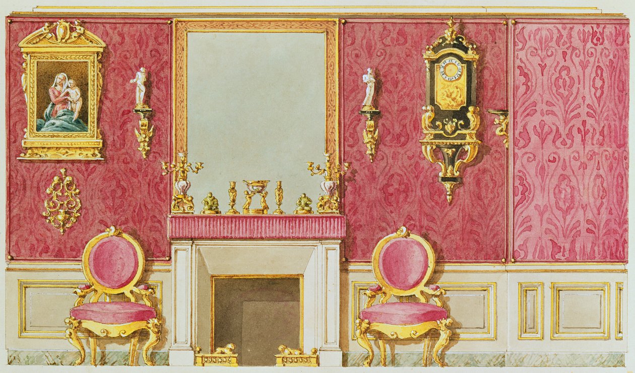 Design for en salong i rue Fortunee, huset kjøpt av Balzac i 1847 (wc på papir) av French School