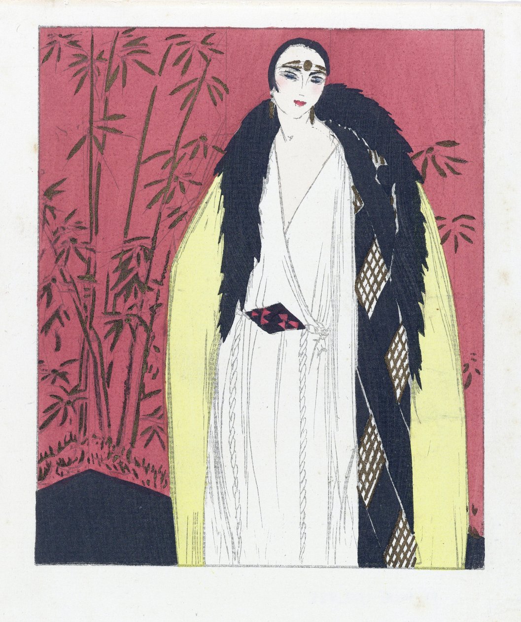 Design for en aftenkjole med pelskantet kappe, utgitt 1924 (pochoir-trykk) av French School