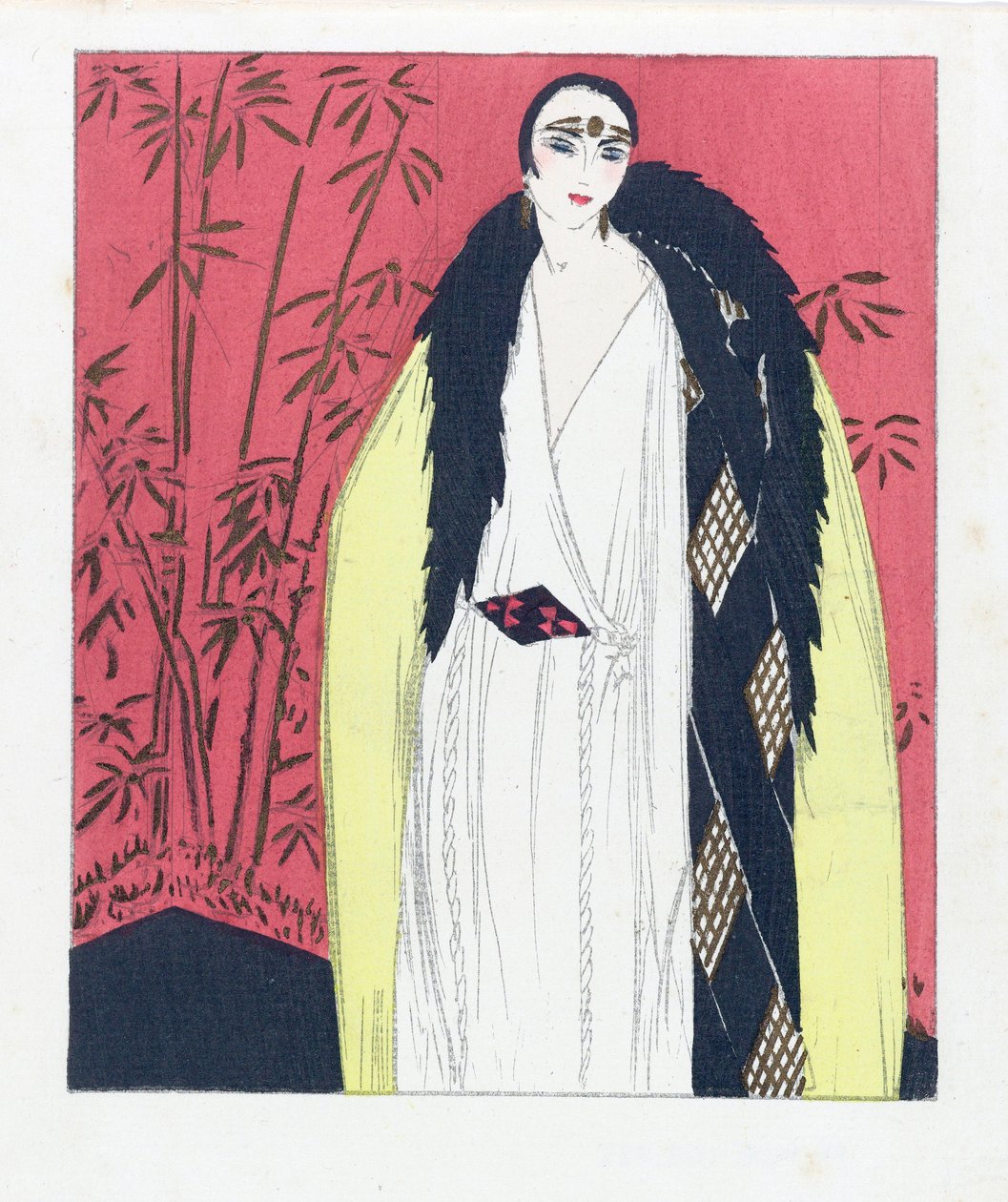 Design for en aftenkjole med pelstrimmet kappe, pub. Pochoir-trykk fra 1924. av French School