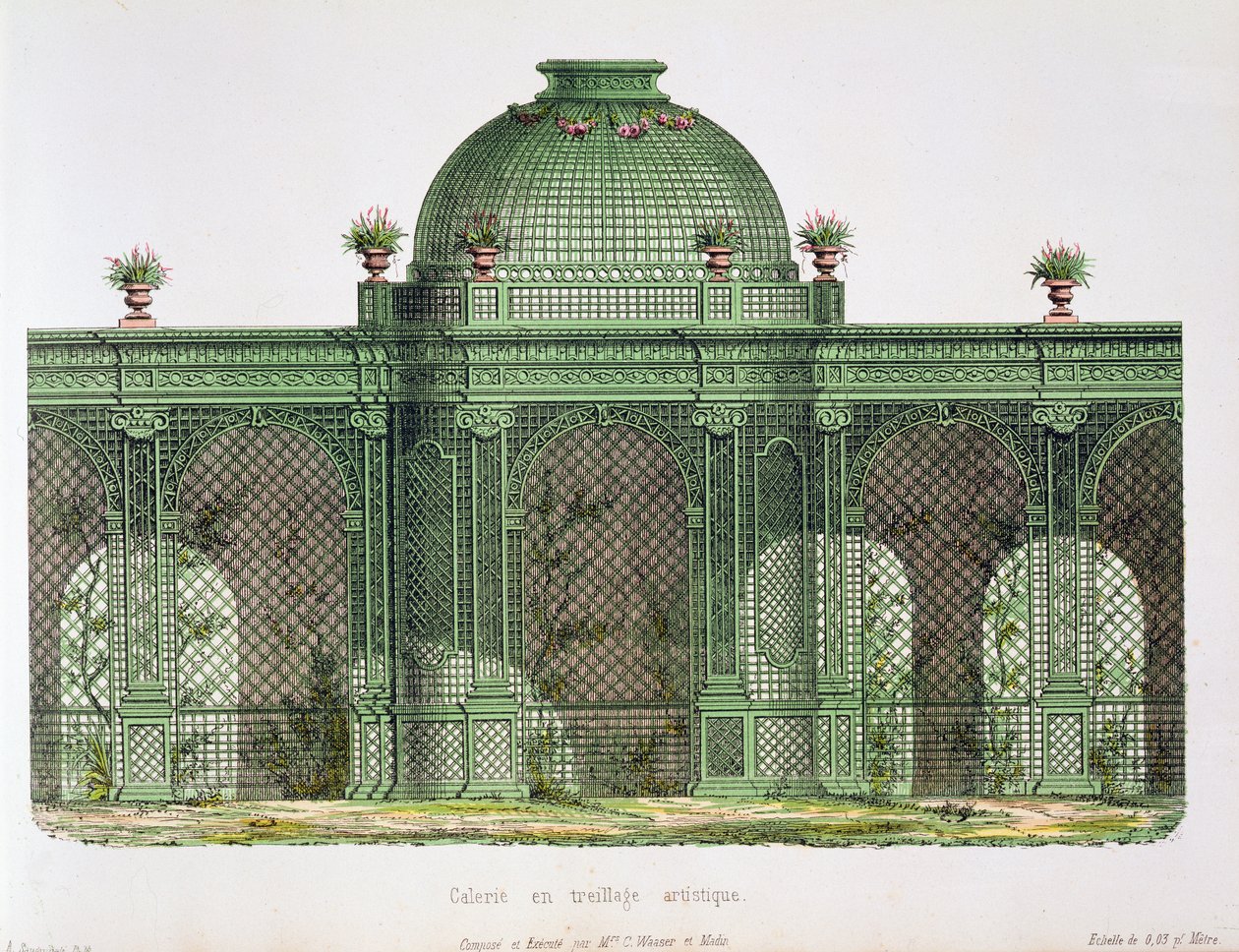 Design for et arkadeformet trelliswork-galleri med en sentral kuppel, publisert for Bureau de Moniteur des Menusiers, Paris av French School