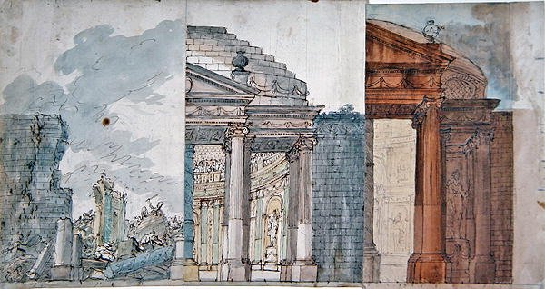 Design for et operasett, sent på 1700-tallet (penn og blekk og akvarell på papir) av French School