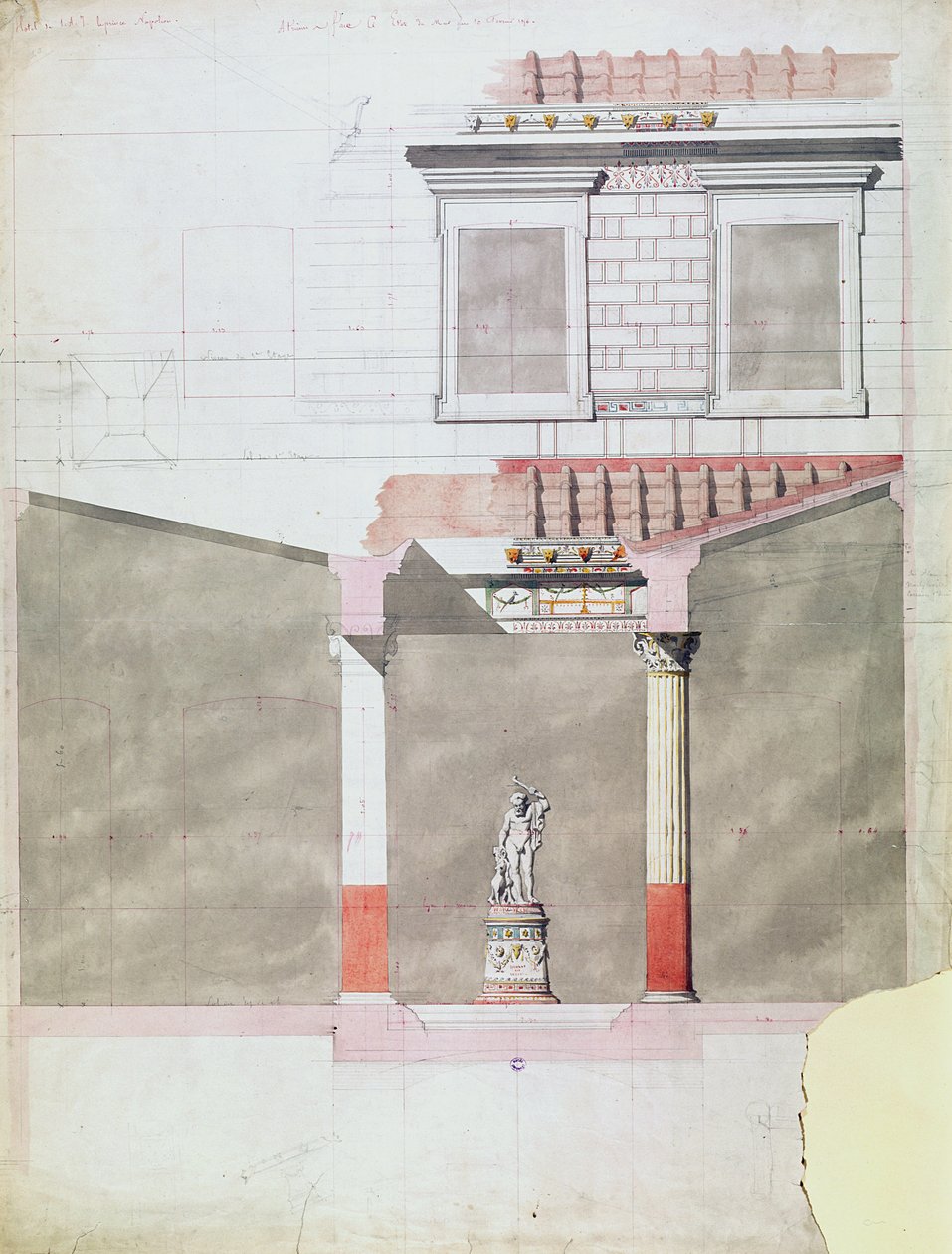 Design for atriumet til det Pompeiianske palasset til prins Napoleon III (1808-73) (wc på papir) av French School