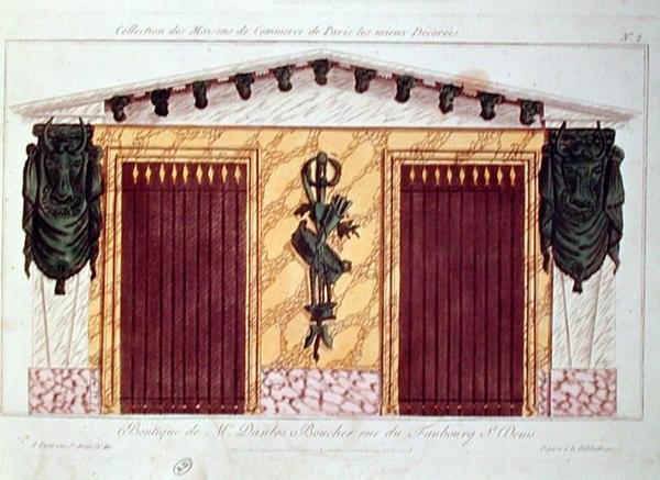 Design for fasaden til en slakterbutikk, fra en serie som viser de best dekorerte kommersielle bygningene i Paris, ca. 1810 (farge litho) av French School