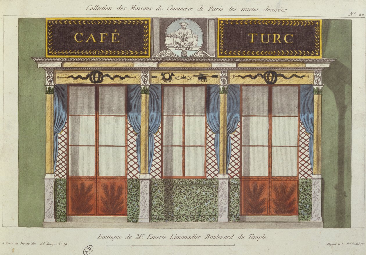 Design for fasaden til Cafe Turc, fra en serie som viser de best dekorerte kommersielle bygningene i Paris, ca. 1810 av French School