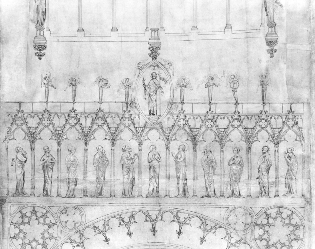 Design for kongegalleriet på fasaden til katedralen i Strasbourg, ca. 1380 (penn & blekk & gouache på papir) (detalj) (se 207686) av French School
