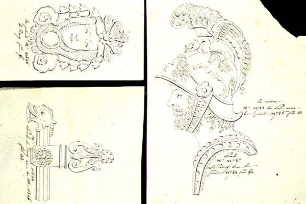 Design for bronse ormolu møbelfester, ca. 1825 (penn og blekk på papir) av French School