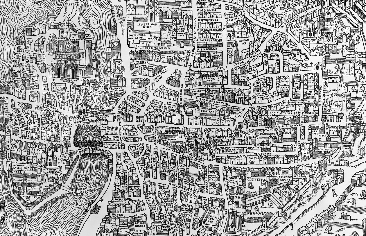 Detalj fra et kart over Paris under Henri IIs regjeringstid som viser quartier des Ecoles, 1552 av French School