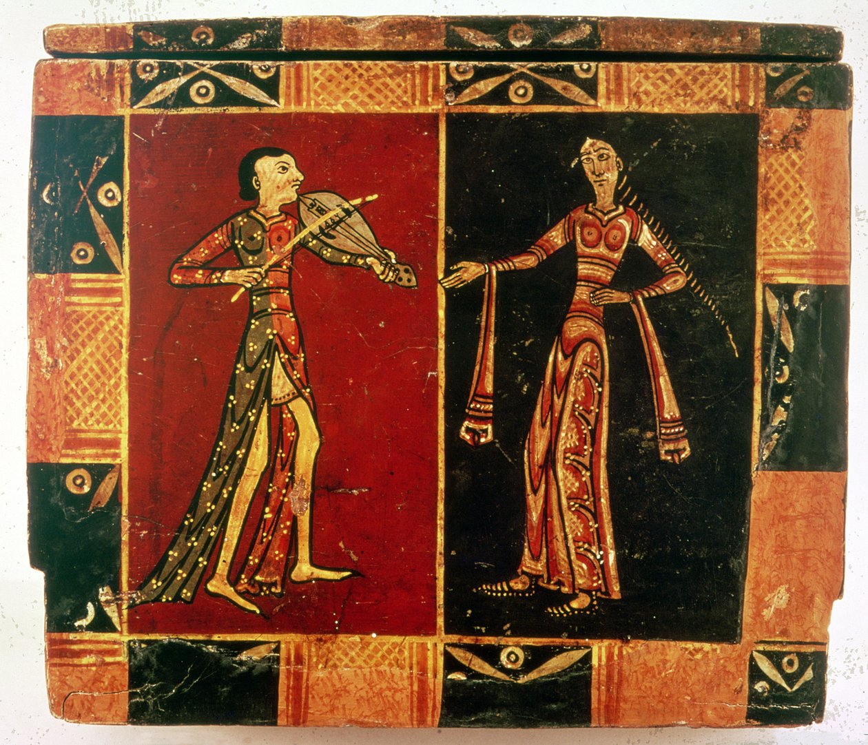 Detalj fra en bryllupskrin som viser en musiker og en danser (malt vellum på tre) av French School