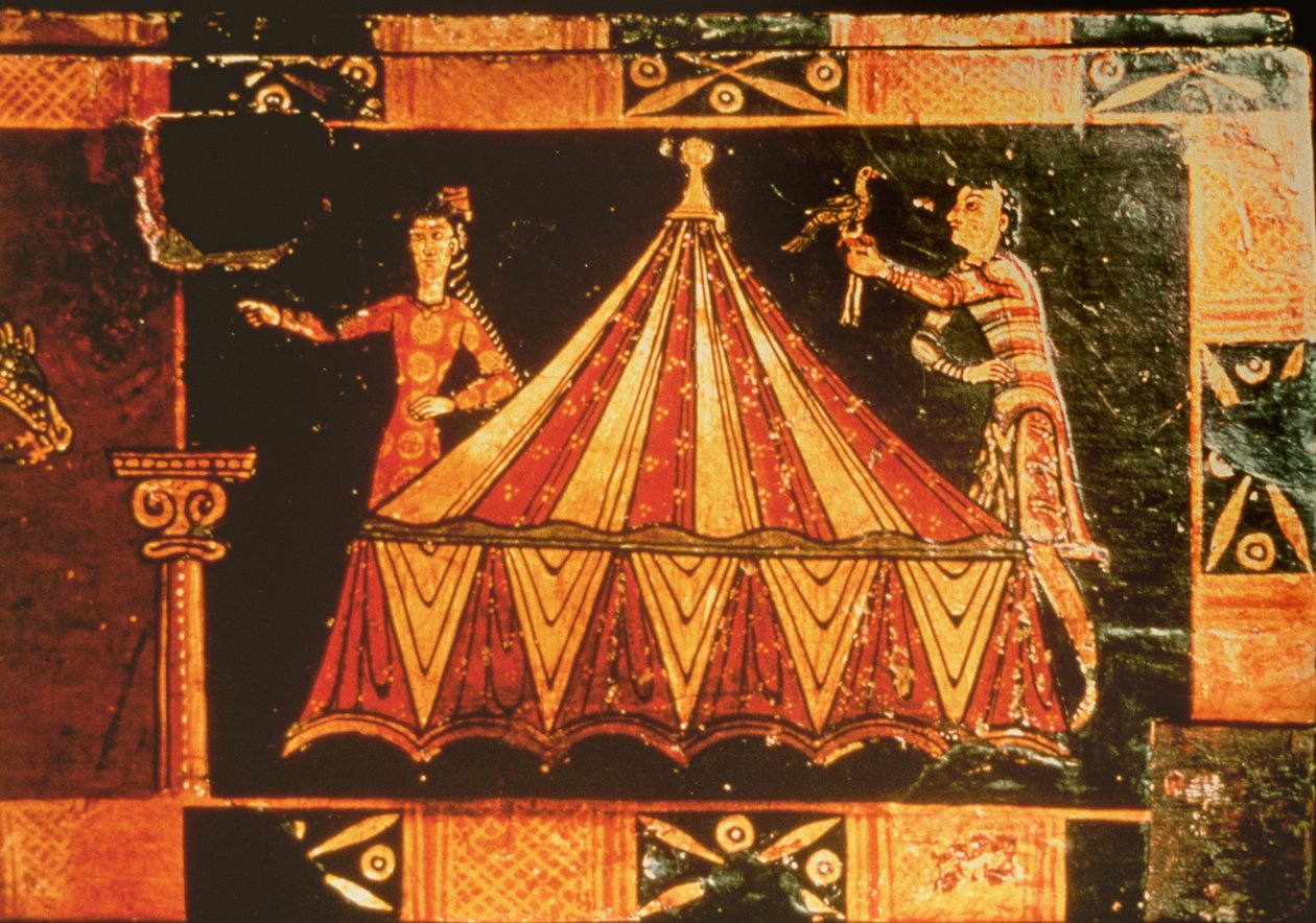 Detalj fra en bryllupskrin som viser to figurer ved et telt (malt vellum på tre) av French School
