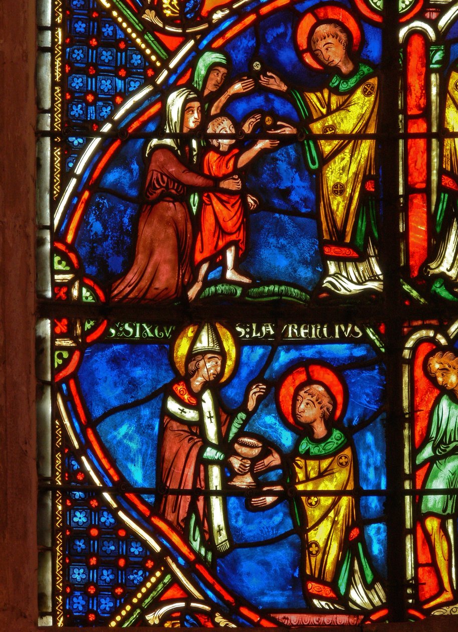 Detalj fra et vindu som viser scener fra livet til St. Laurence av French School