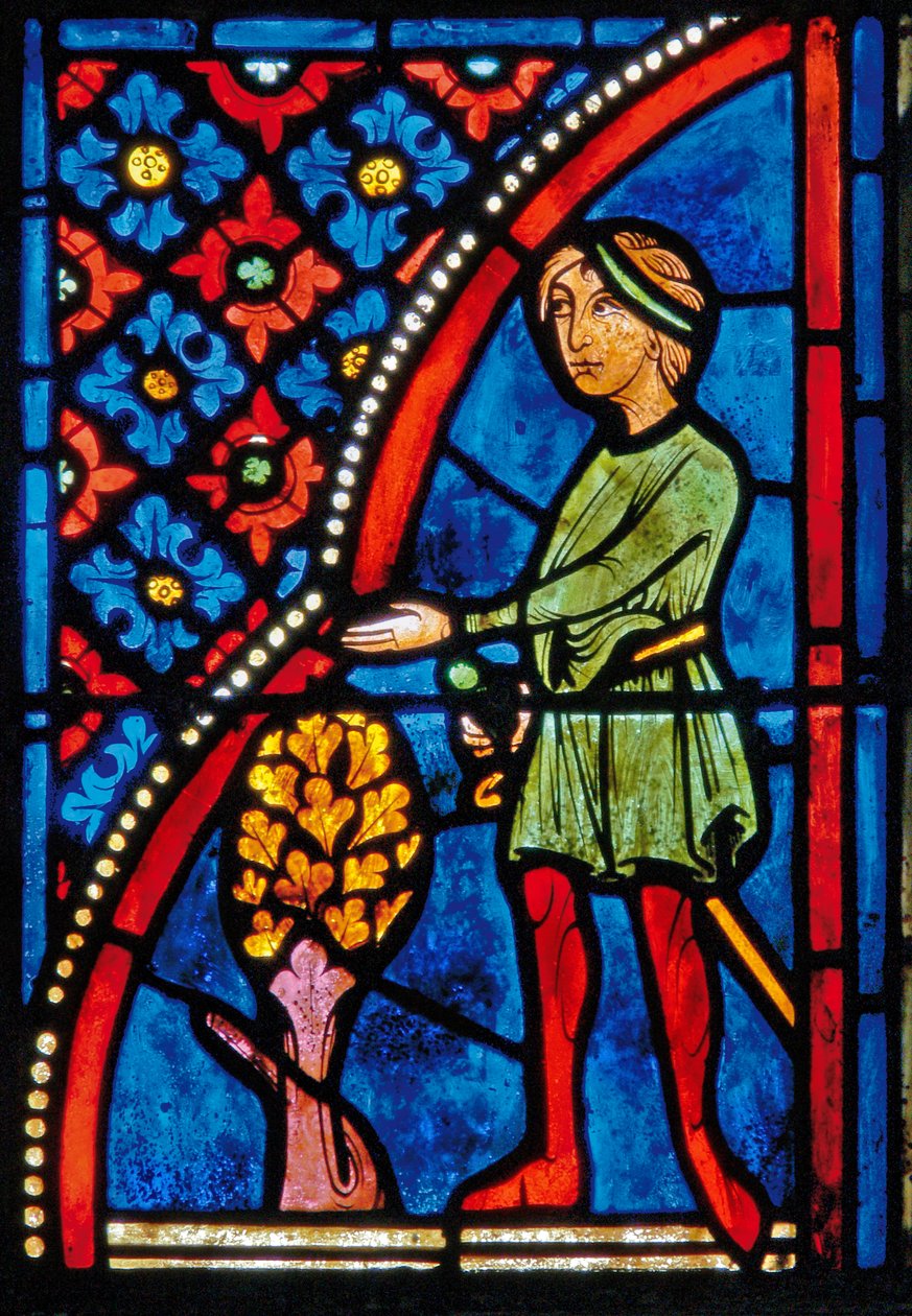 Detalj fra et vindu som viser scener fra livet til St. Mary den egyptiske av French School