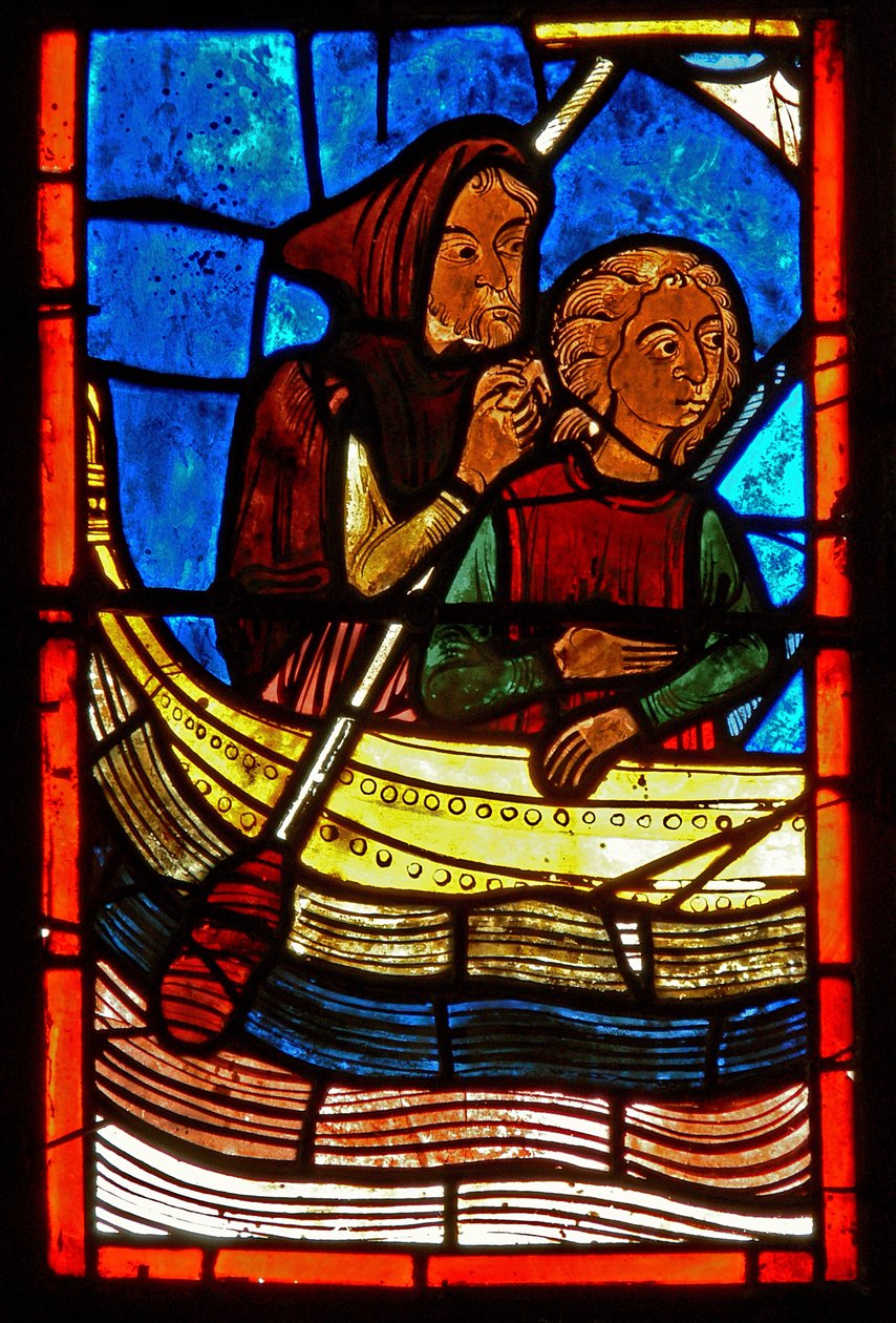 Detalj fra et vindu som viser scener fra livet til St. Mary den egyptiske av French School
