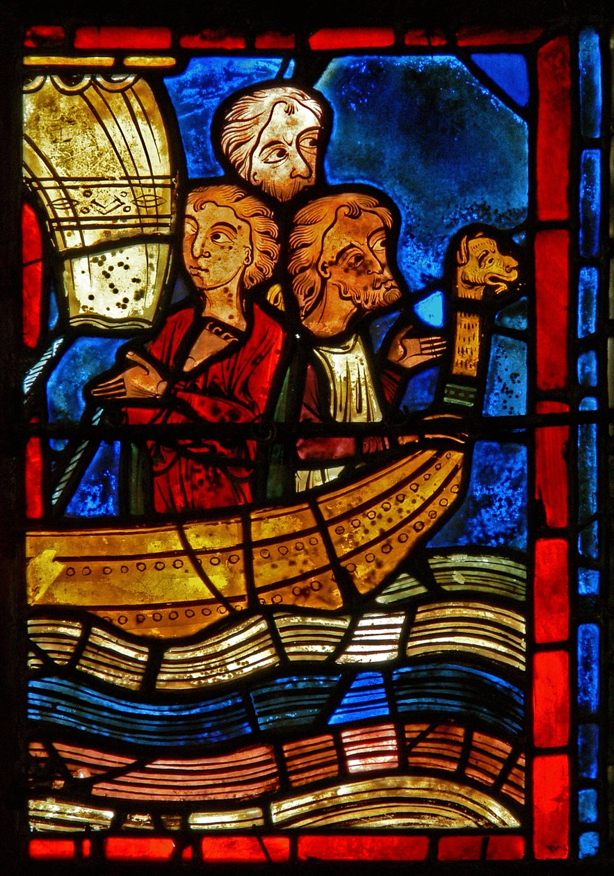 Detalj fra et vindu som viser scener fra livet til St. Mary den egyptiske av French School