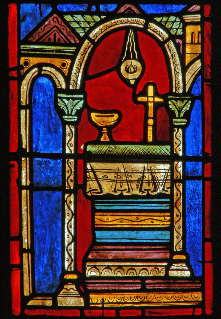 Detalj fra et vindu som viser scener fra livet til St. Mary den egyptiske av French School