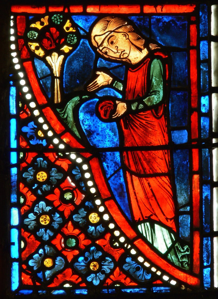 Detalj fra et vindu som viser scener fra livet til St. Mary den egyptiske av French School