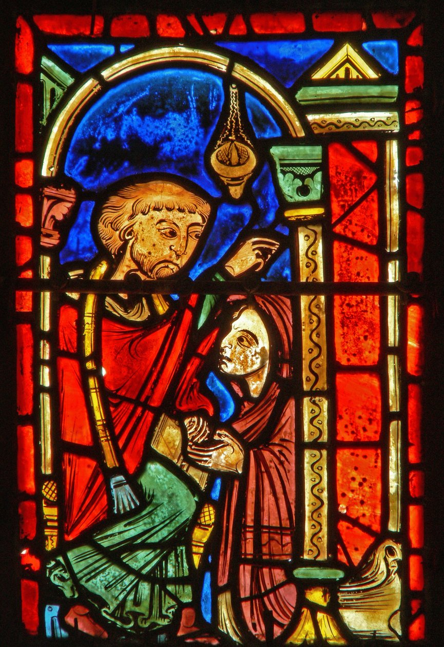 Detalj fra et vindu som viser scener fra livet til St. Mary den egyptiske av French School
