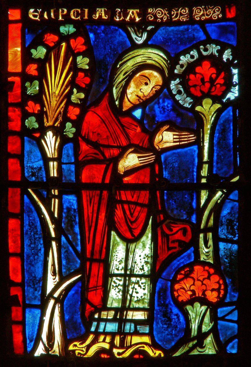 Detalj fra et vindu som viser scener fra livet til St. Mary den egyptiske av French School