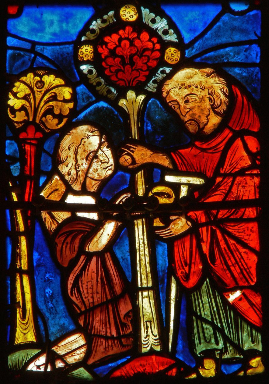 Detalj fra et vindu som viser scener fra livet til St. Mary den egyptiske av French School