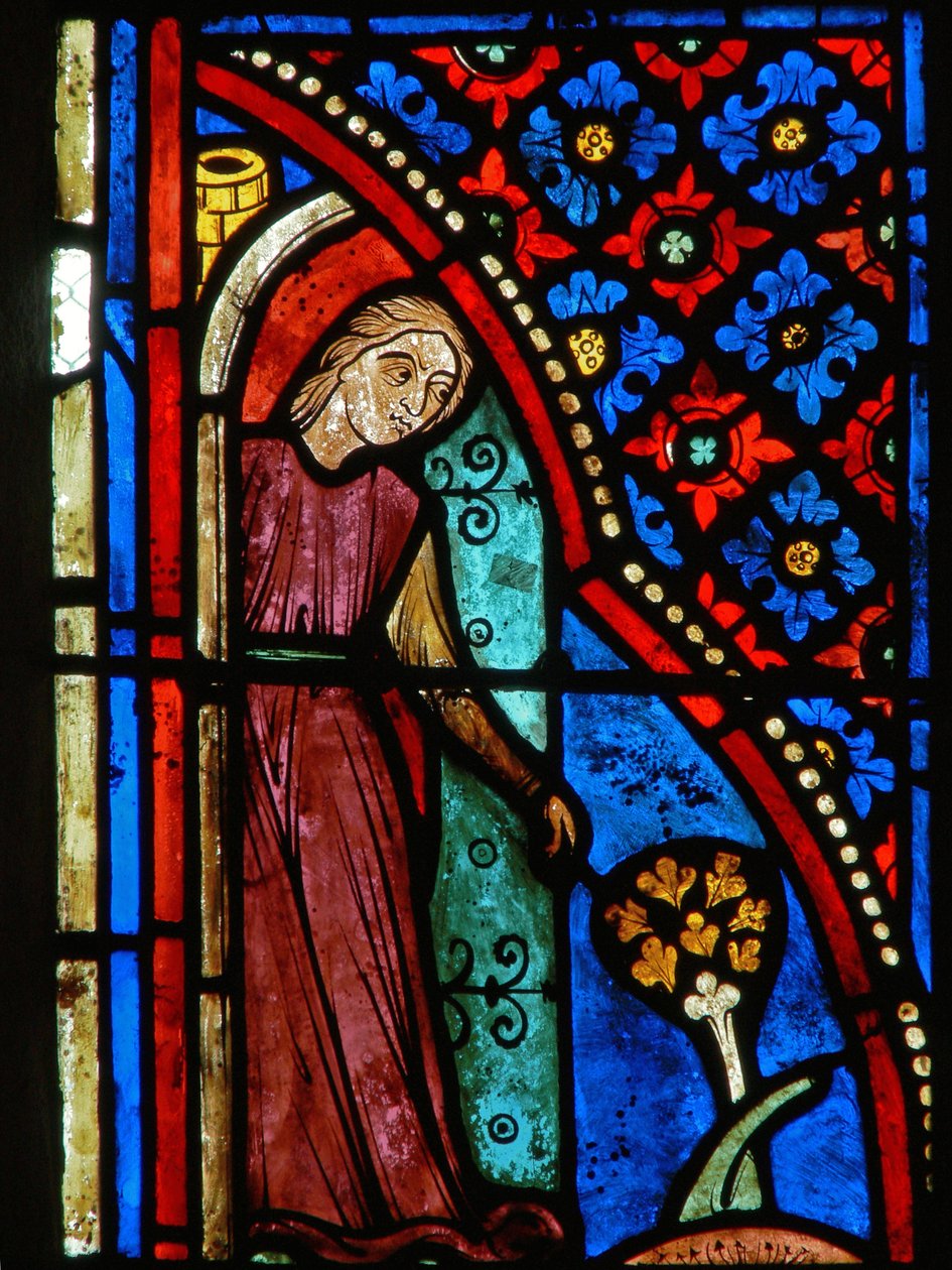 Detalj fra et vindu som viser scener fra livet til St. Mary den egyptiske av French School