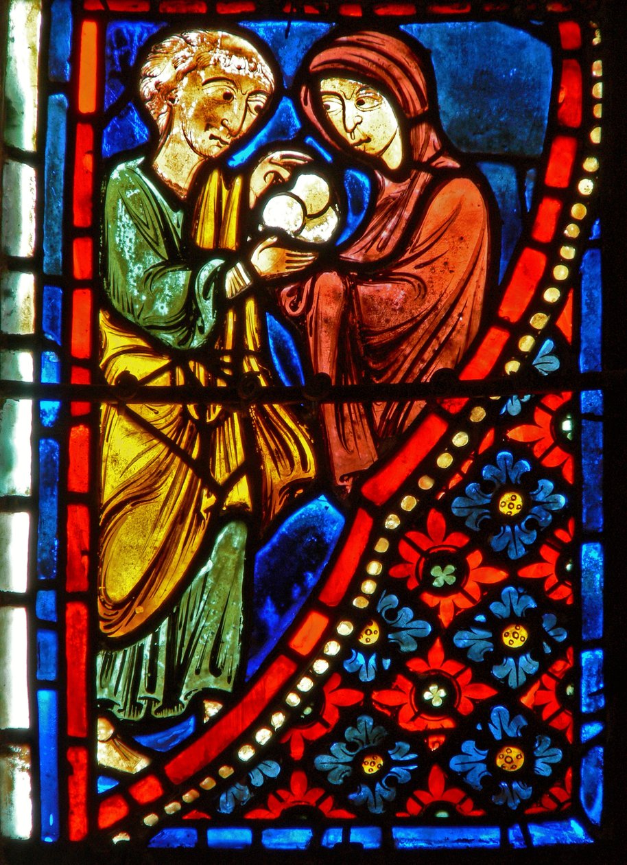 Detalj fra et vindu som viser scener fra livet til St. Mary den egyptiske av French School