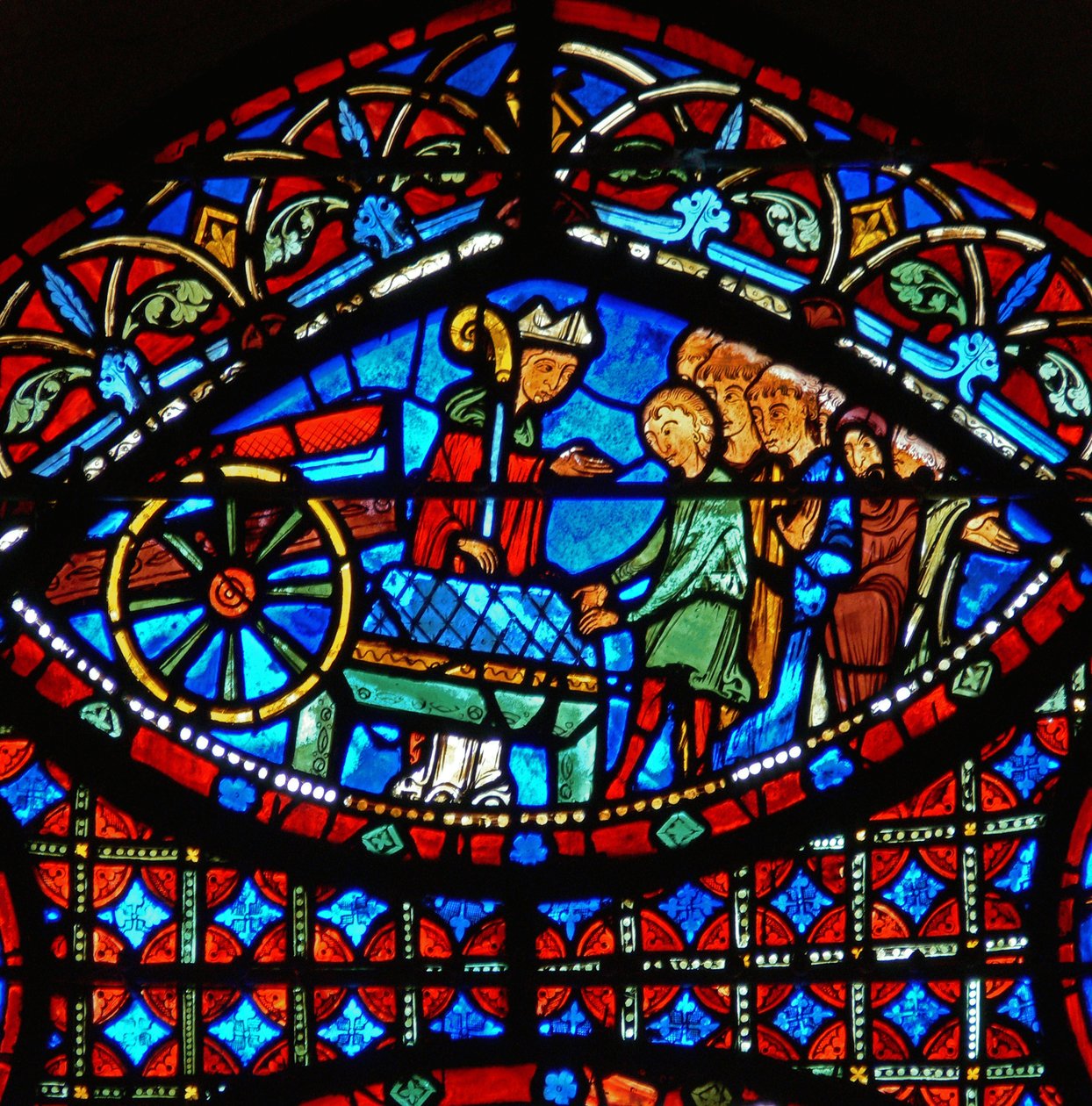 Detalj fra et vindu som viser scener fra St. Stephens liv: biskop og kiste av French School