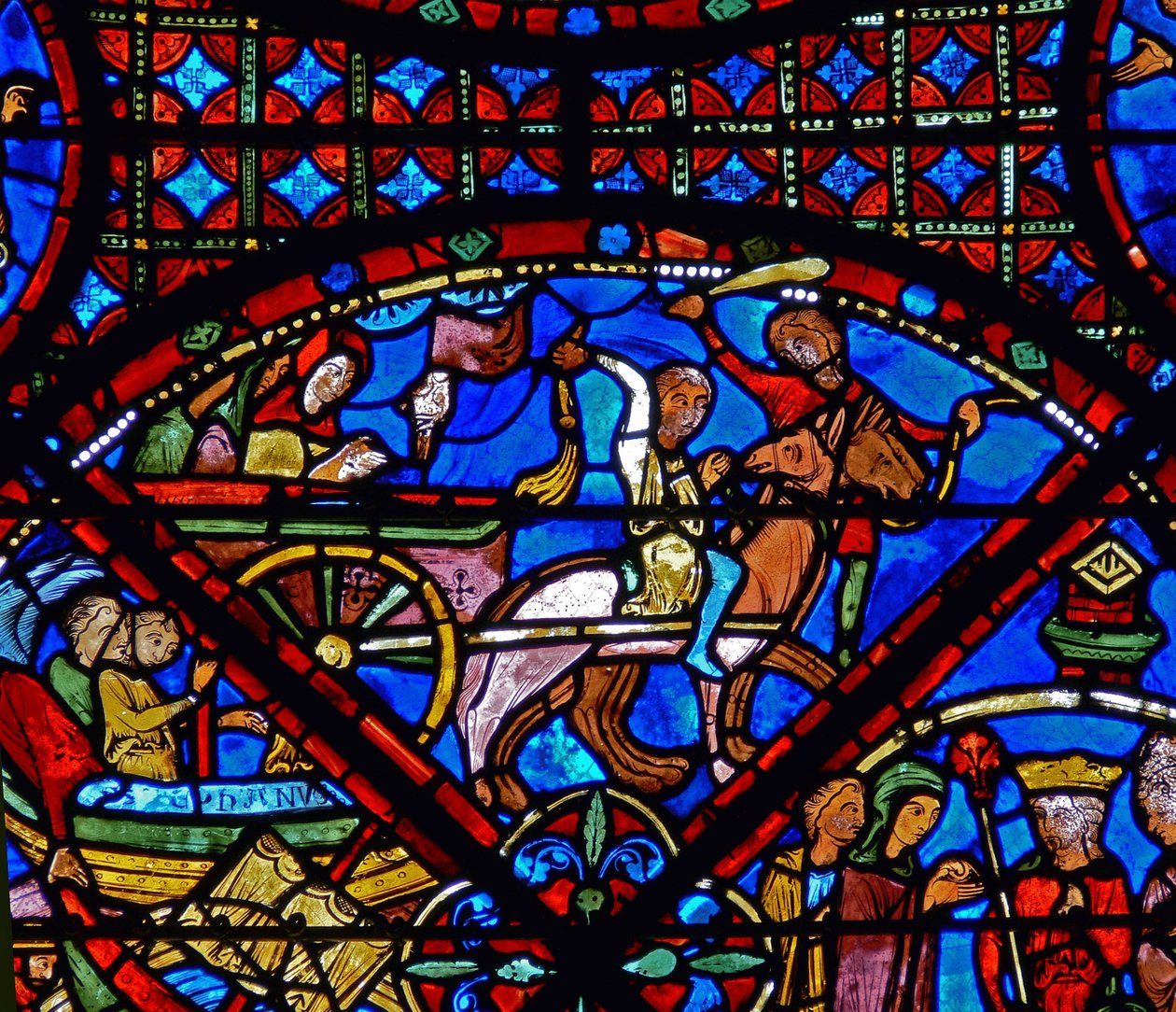 Detalj fra et vindu som viser scener fra St. Stephens liv: hest og vogn av French School