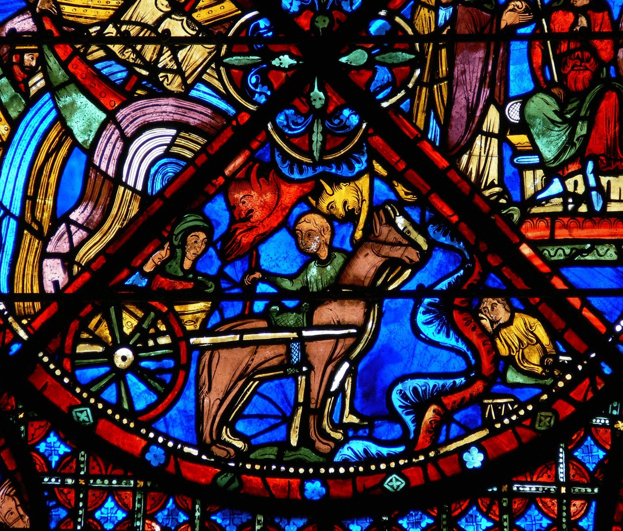 Detalj fra et vindu som viser scener fra St. Stephens liv: hester, vogn og demoner av French School