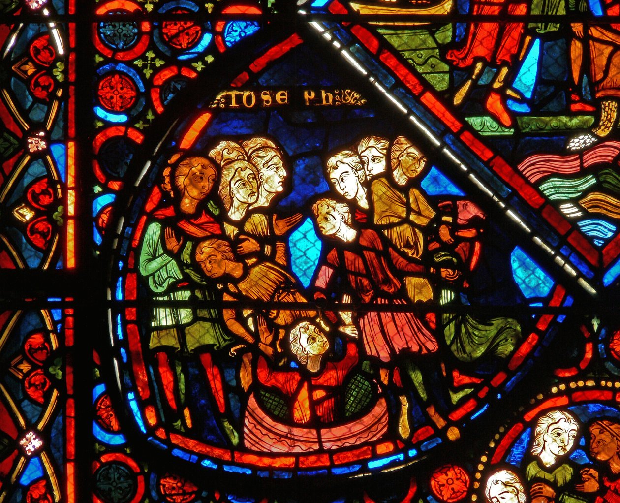 Detalj fra et vindu som viser scener fra historien om Josef av French School