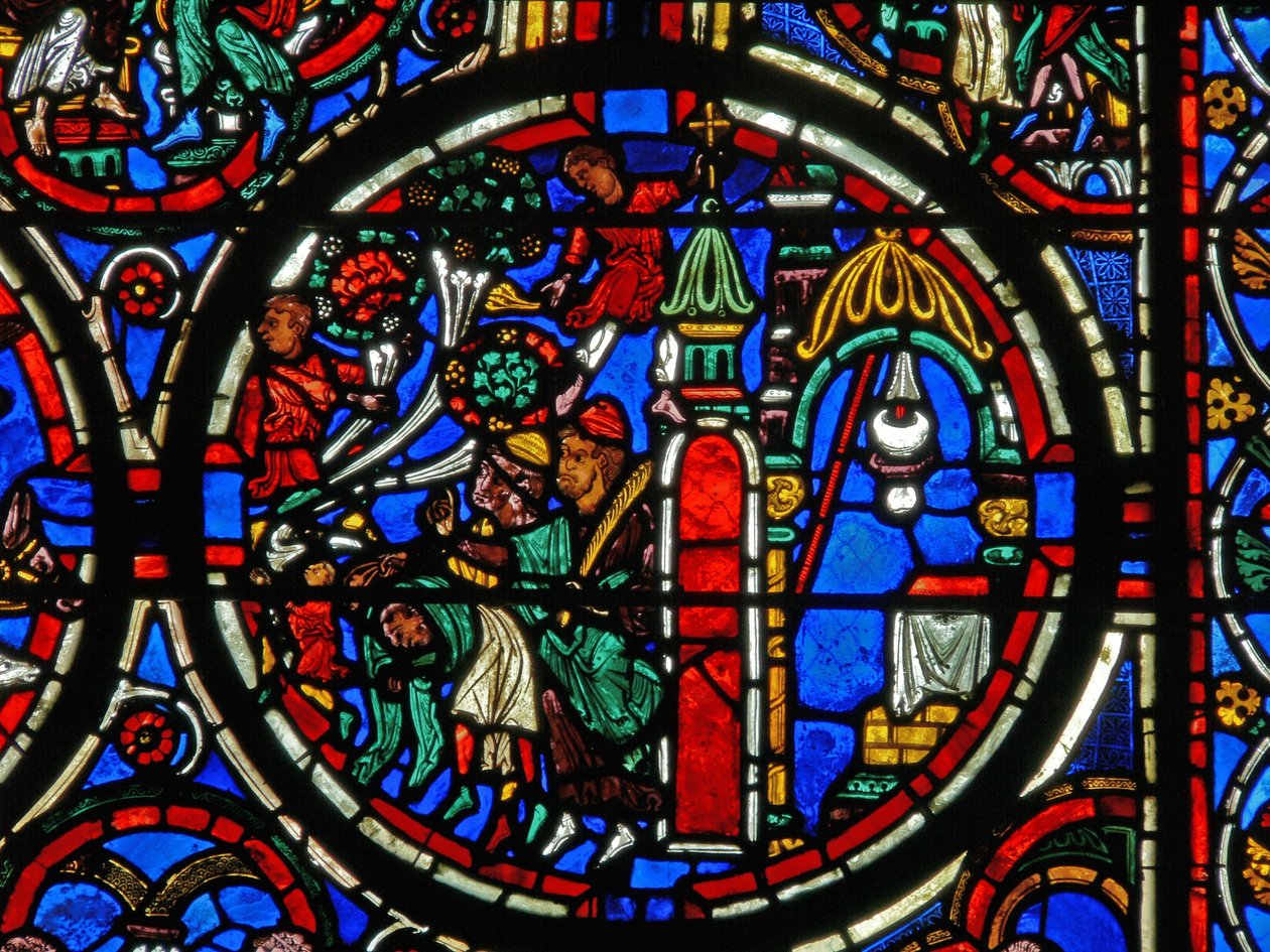 Detalj fra et vindu som viser lidenskapen: Kristus blir hilst på hans inntog i Jerusalem av French School