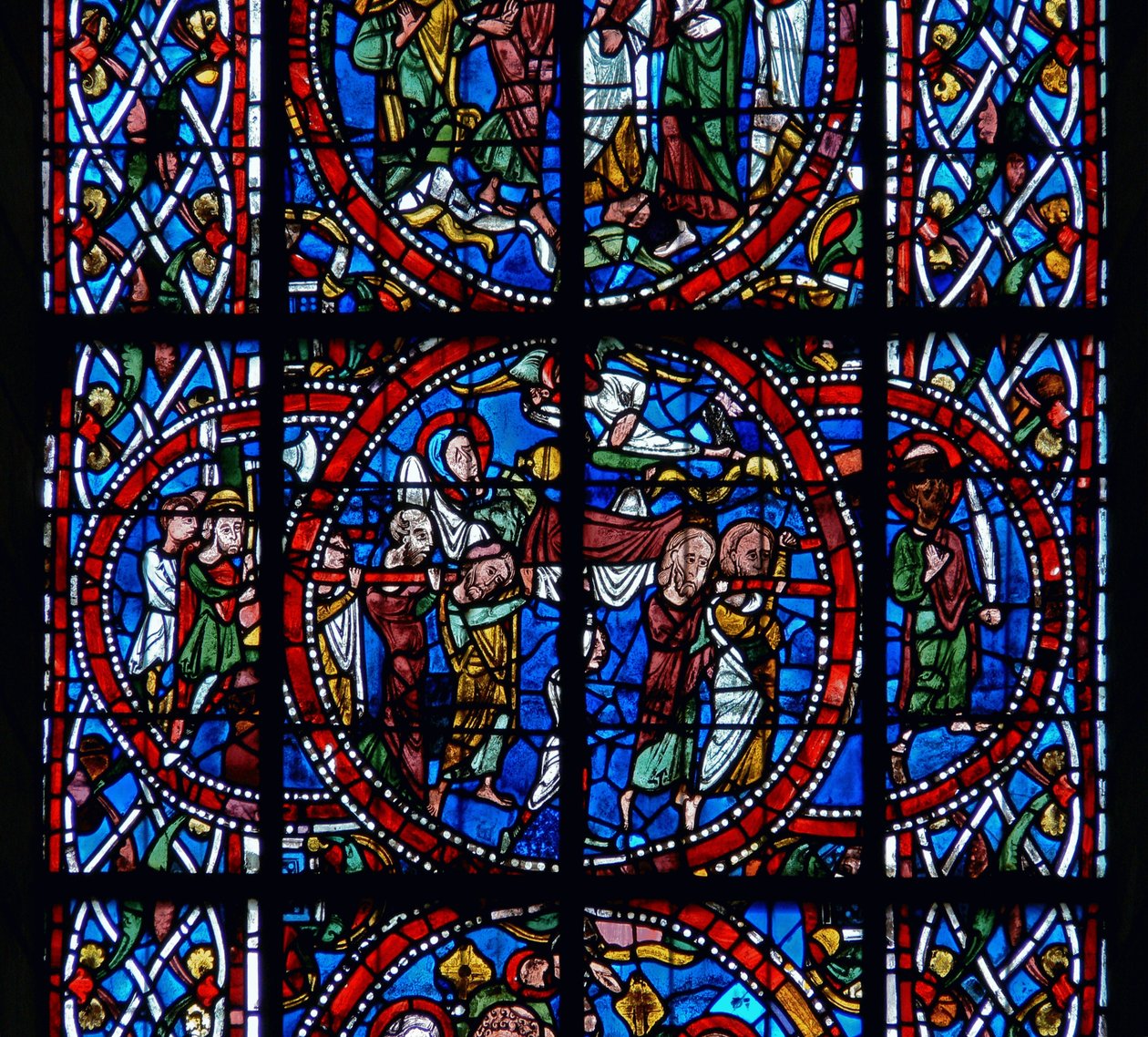 Detalj fra et vindu som viser begravelsen, fra Jomfru Marias død og himmelfart av French School