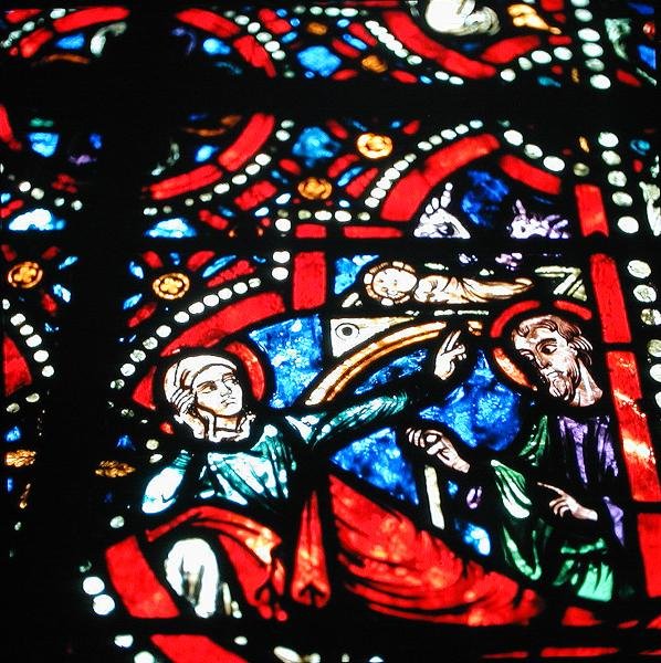 Detalj fra et av vinduene (farget glass) av French School