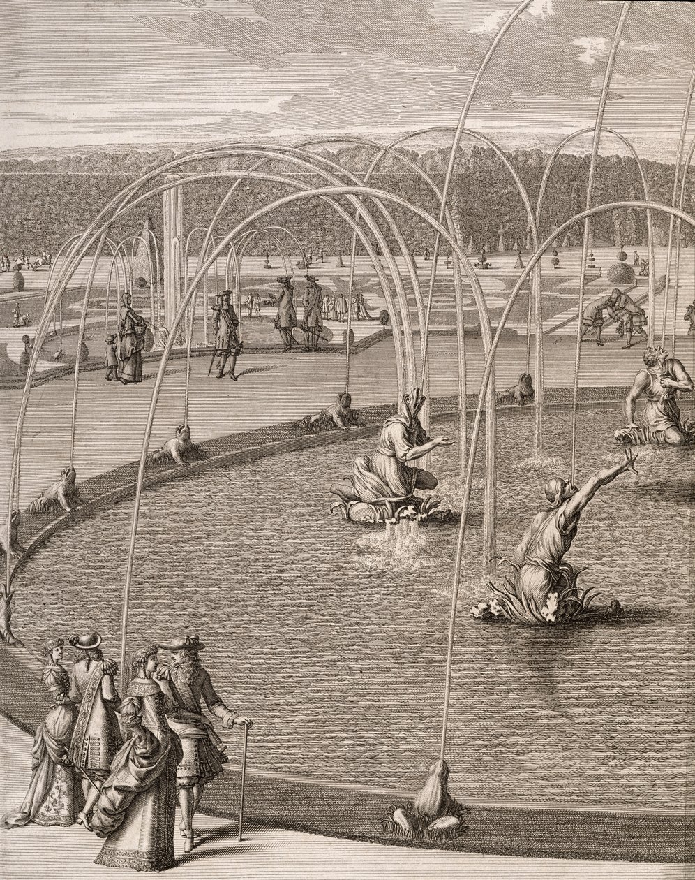 Detalj av fontenen til Diana og Apollo i Versailles, fra 'Les Plans, Profils et Elevations des Ville et Chateau de Versailles', utgitt ca. 1715 (gravering) av French School
