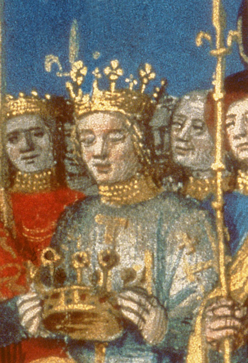 Detalj av Fr 6465 f.247v Kroningen av Ludvig VIII (1187-1226) og Blanche de Castile i Reims i nærvær av kongen av Jerusalem (vellum) (detalj av 38990) av French School