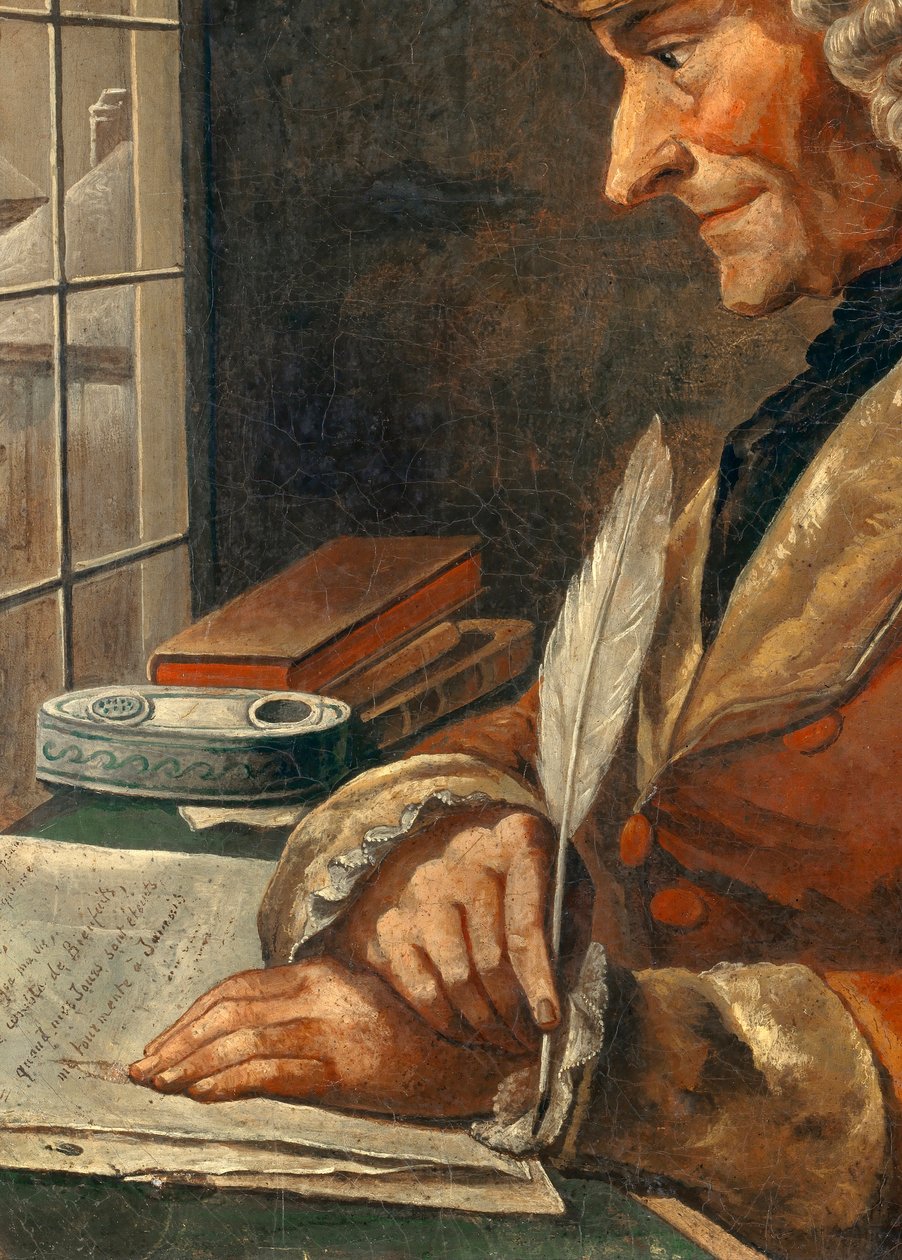 Detalj av "" Portrett av Francois Marie Arouet Voltaire (1694-1778) i hennes arbeidsskap"" Maleri fra 1700-tallet. Dim. 0,43 x 0,35 m Paris, musee Carnavalet - Portrett av Francois Marie Arouet Voltaire (1694-1778) i hans arbeidsrom. 18. senters maleri av French School