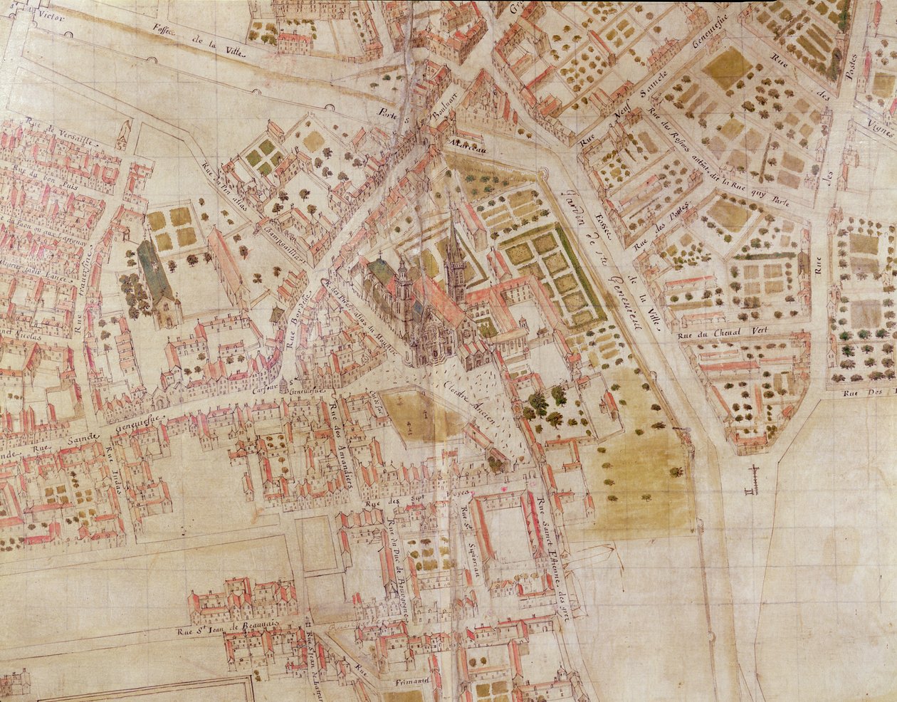 Detalj av et kart over Paris som viser toppen av Montagne Sainte-Genevieve, 1664 av French School