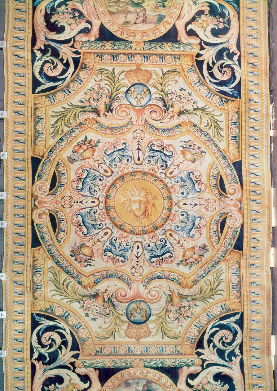 Detalj av et Savonnerie-teppe laget for Grande Galerie of the Louvre, ca. 1680 (ull) av French School